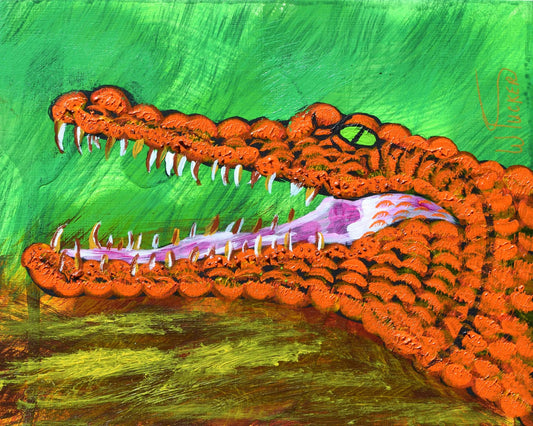 Bright orange alligator in a fine art gator painting with green and brown background from Coastal Collection