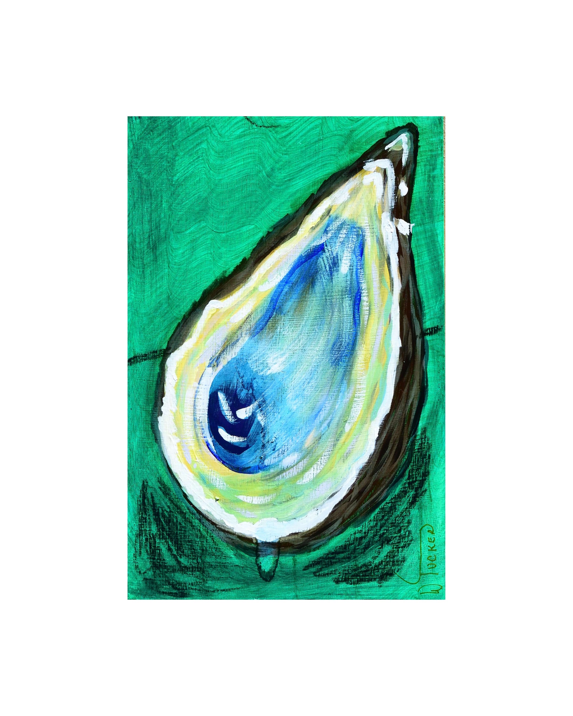 Green oyster art print by William Tucker featuring a blue and green oyster shell on a teal background