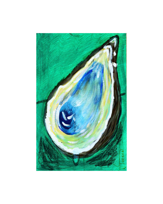 Green oyster art print by William Tucker featuring a blue and green oyster shell on a teal background