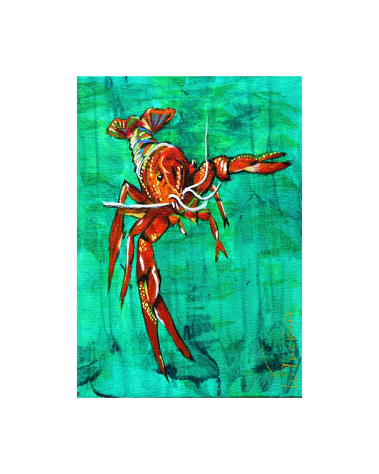 Louisiana crawfish art print featuring a vibrant red crawfish on a textured green coastal background by William Tucker Art