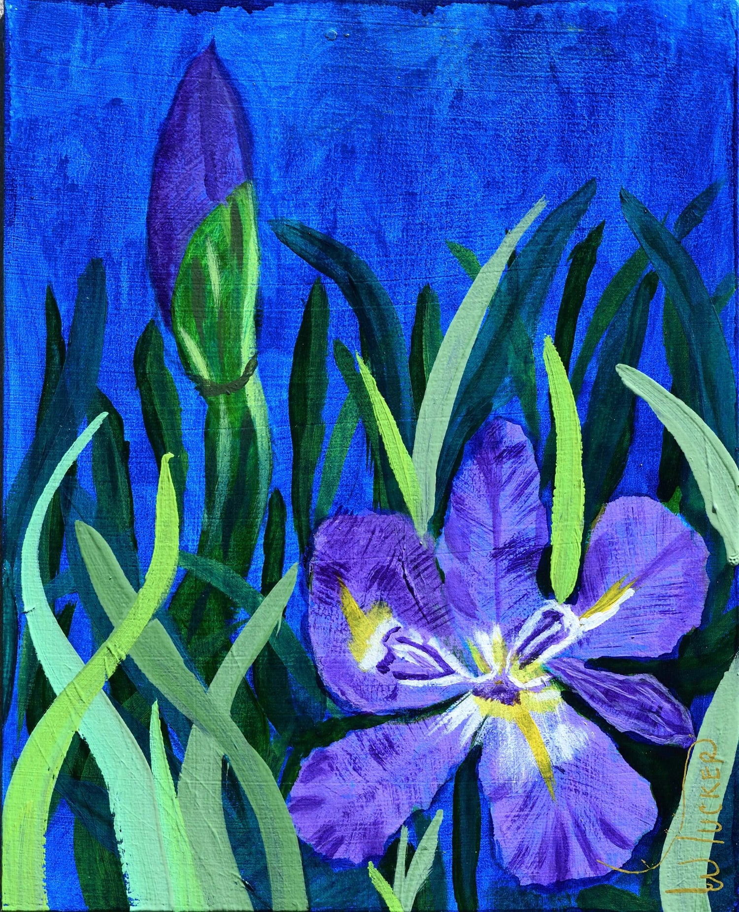 Coastal Collection by William Tucker Art featuring New Orleans floral wall art with purple flower and green leaves on blue background