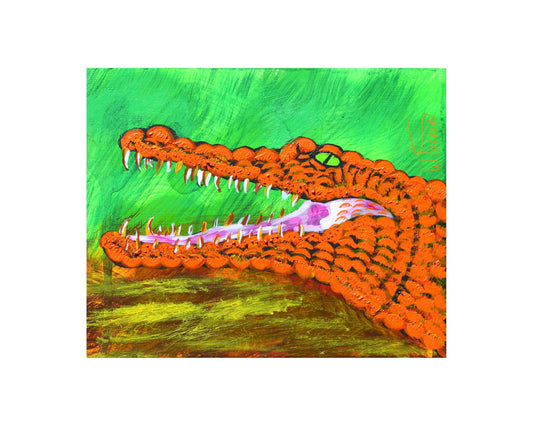 Orange alligator art print by William Tucker Art featuring a bright orange alligator on green and brown background
