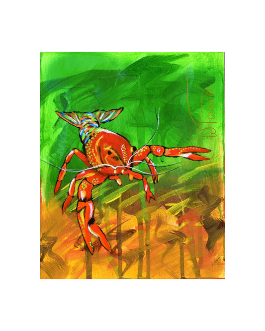 Orange crawfish art print by William Tucker Art with vibrant green and orange coastal background