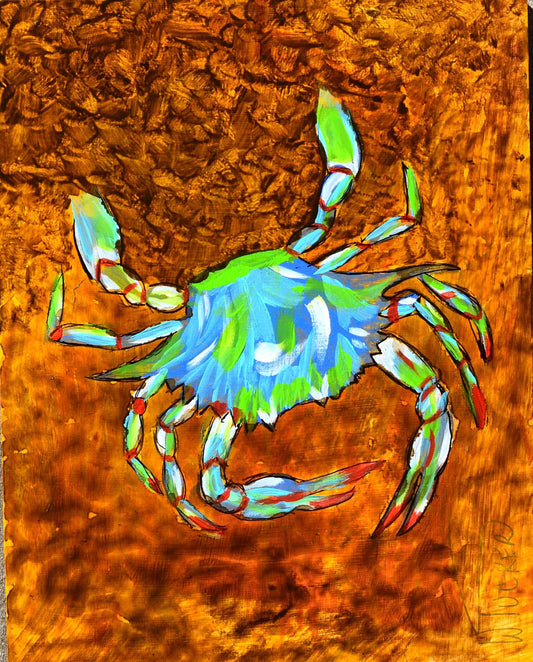 Original acrylic crab painting by William Tucker Art featuring vibrant blue and green crab on textured brown background