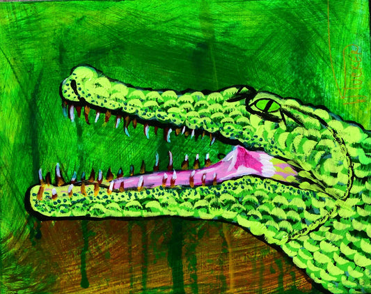 Original alligator painting from William Tucker Art Coastal Collection with vibrant green details