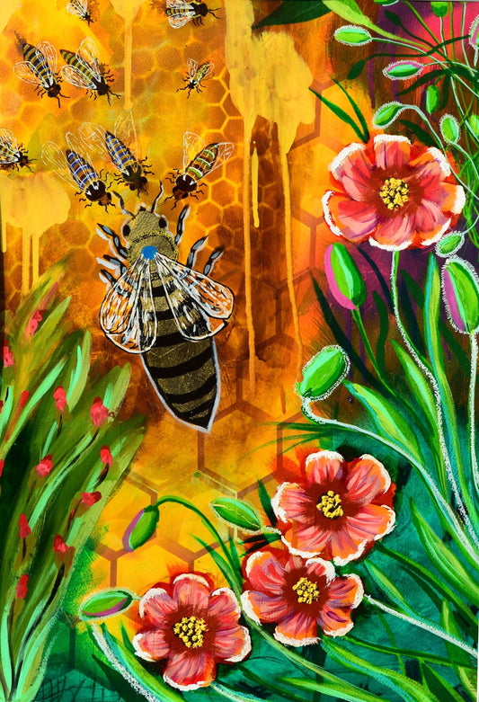 Original bee artwork featuring detailed bees on honeycomb surrounded by vibrant pink flowers and green foliage