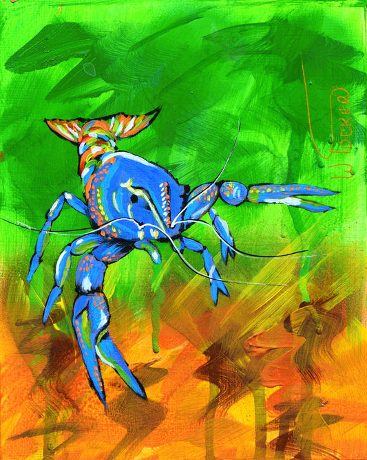 Original blue crawfish painting by William Tucker Art featuring vibrant coastal colors and detailed aquatic design