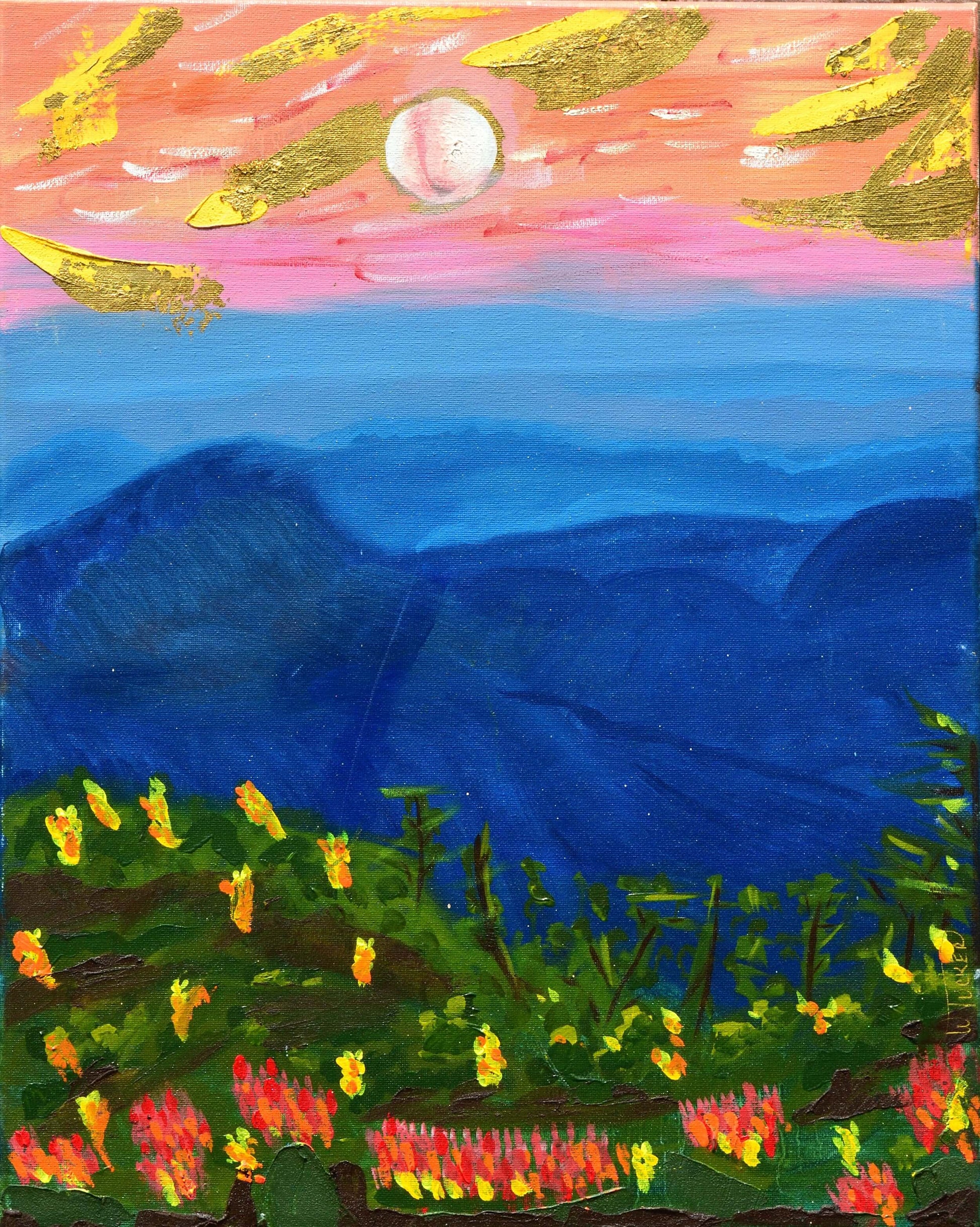 Original landscape wall art by William Tucker featuring vibrant abstract mountains and colorful floral foreground