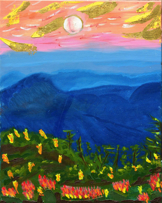 Original landscape wall art by William Tucker featuring vibrant abstract mountains and colorful floral foreground