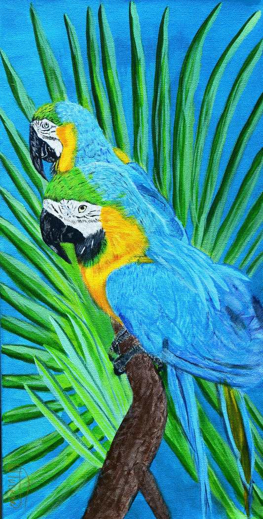 Original parrot painting for sale featuring two vibrant blue and yellow parrots perched on a branch with green palm leaves background
