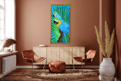 Original parrot painting for sale by William Tucker Art displayed in modern living room with brown walls and leather chairs