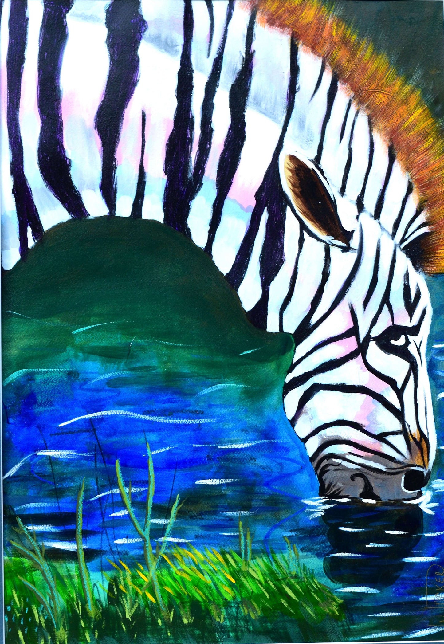 Original wildlife artwork for home decor featuring a close-up zebra drinking water from a pond