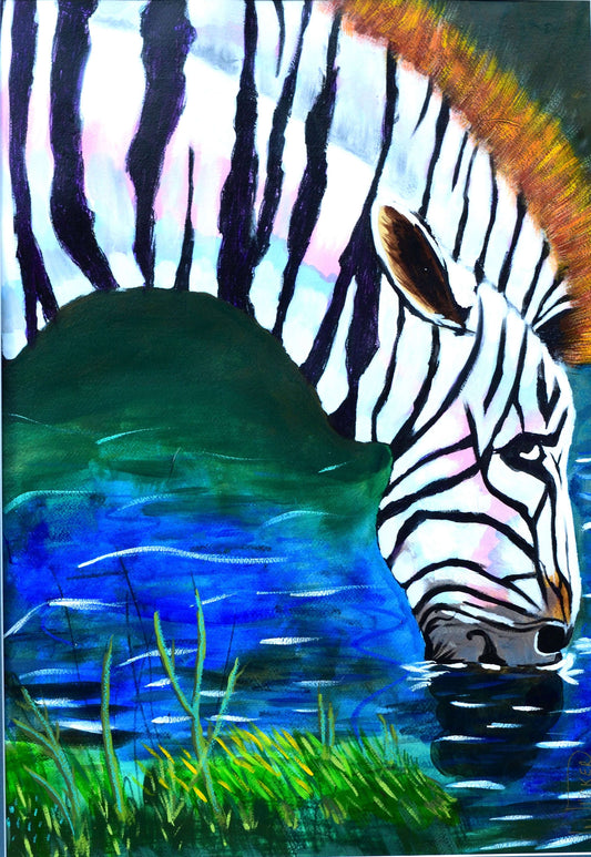 Original wildlife artwork for home decor featuring a close-up zebra drinking water from a pond
