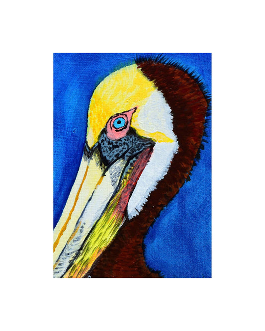 Pelican wall art print by William Tucker Art featuring a colorful coastal bird portrait on blue background