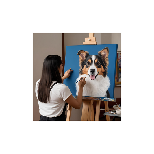 Artist painting personalized pet artwork deposit of a happy dog on canvas at easel