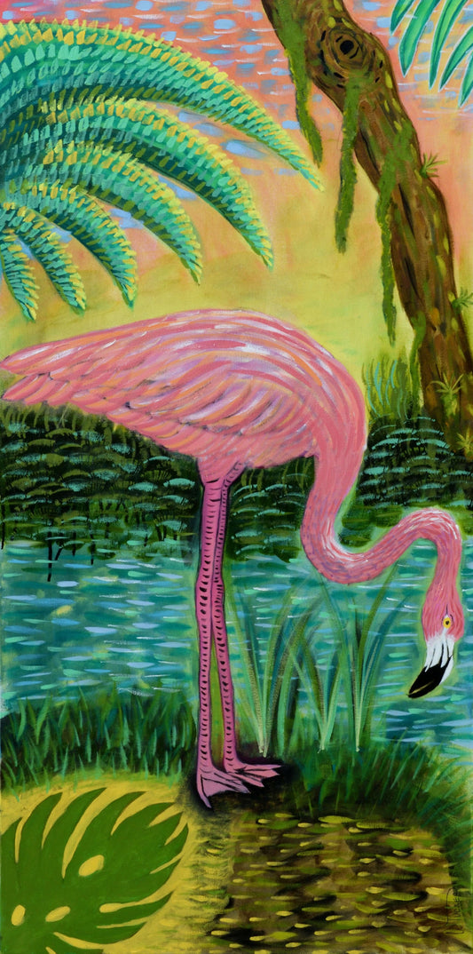 Pink flamingo wall art from Wild Things Collection by William Tucker Art depicting a flamingo by a pond with lush greenery