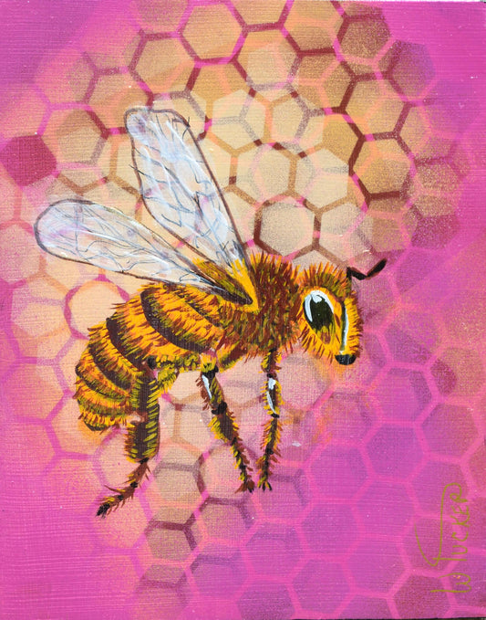 Pink honeybee painting from William Tucker Art Bee Collection with detailed bee and honeycomb background