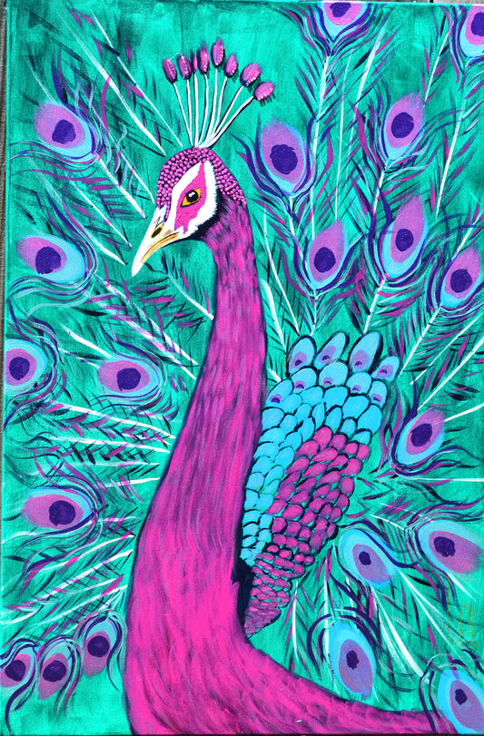 Vibrant peacock fine art painting by William Tucker Art with bright teal and purple colors